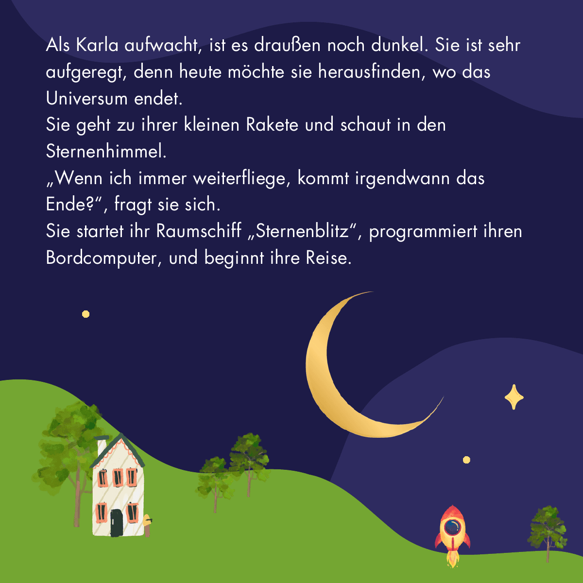 Illustration: Karla startet früh morgens ihre Rakete, um herauszufinden, wo das Universum endet.