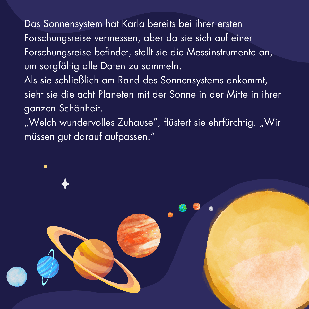 Illustration: Karla blickt vom Rand des Sonnensystems auf alle acht Planeten und die Sonne.
