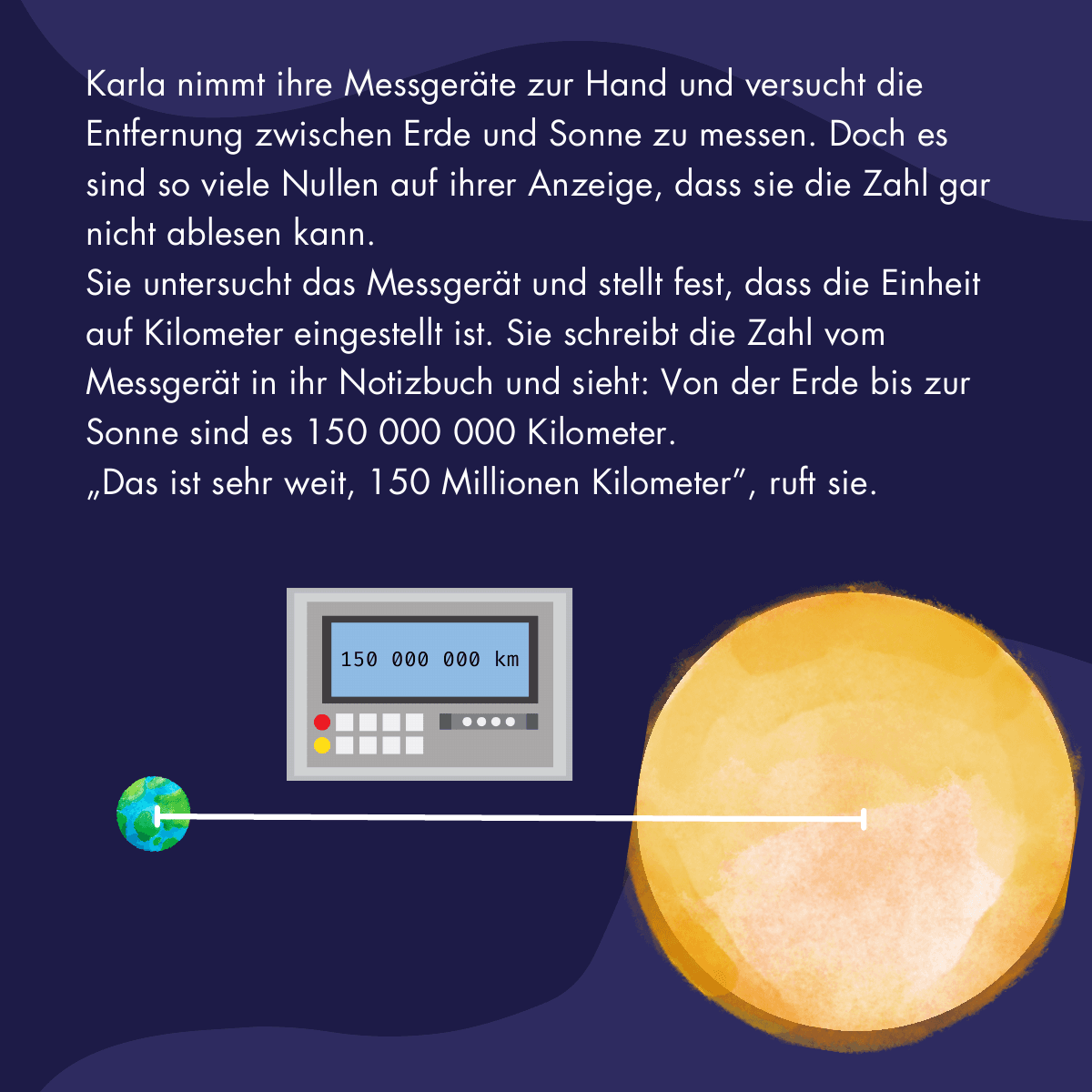 Illustration: Karla misst die Entfernung zwischen Erde und Sonne mit ihrem Messgerät.