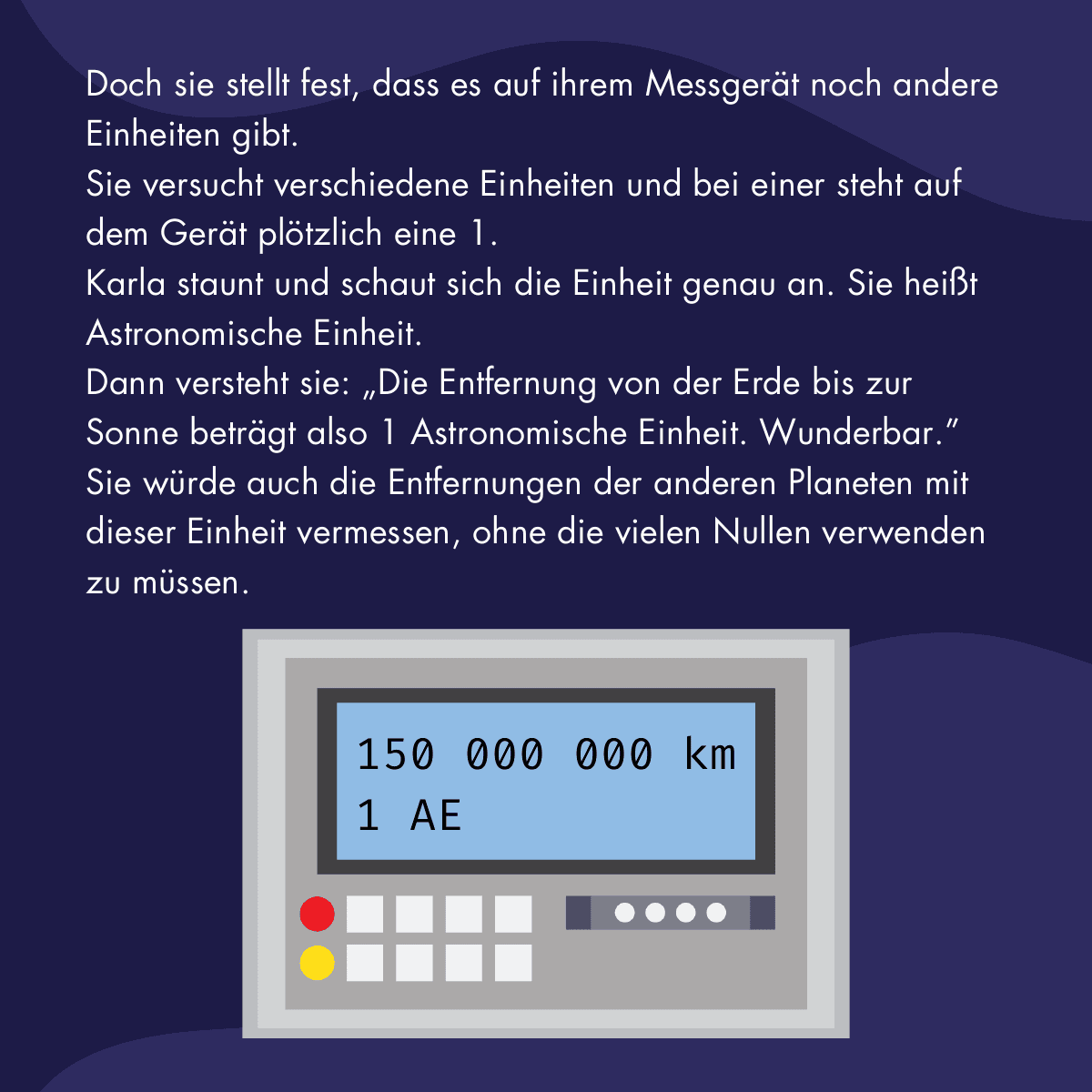 Illustration: Karla entdeckt die Astronomische Einheit als praktische Maßeinheit für große Entfernungen.