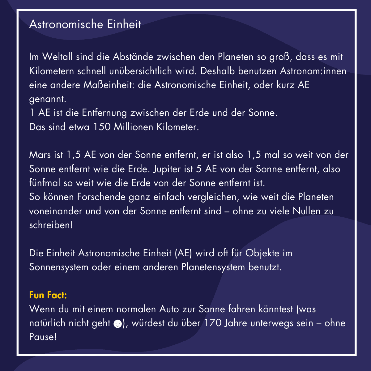Illustration und Infobox: Die Astronomische Einheit (AE) erklärt für Kinder.