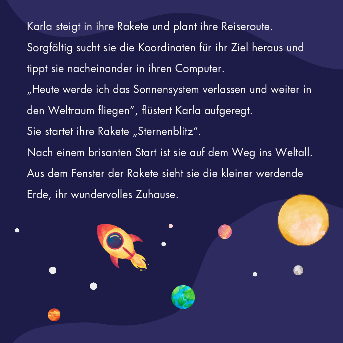 Illustration: Karla startet ihre Rakete Sternenblitz und verlässt das Sonnensystem.