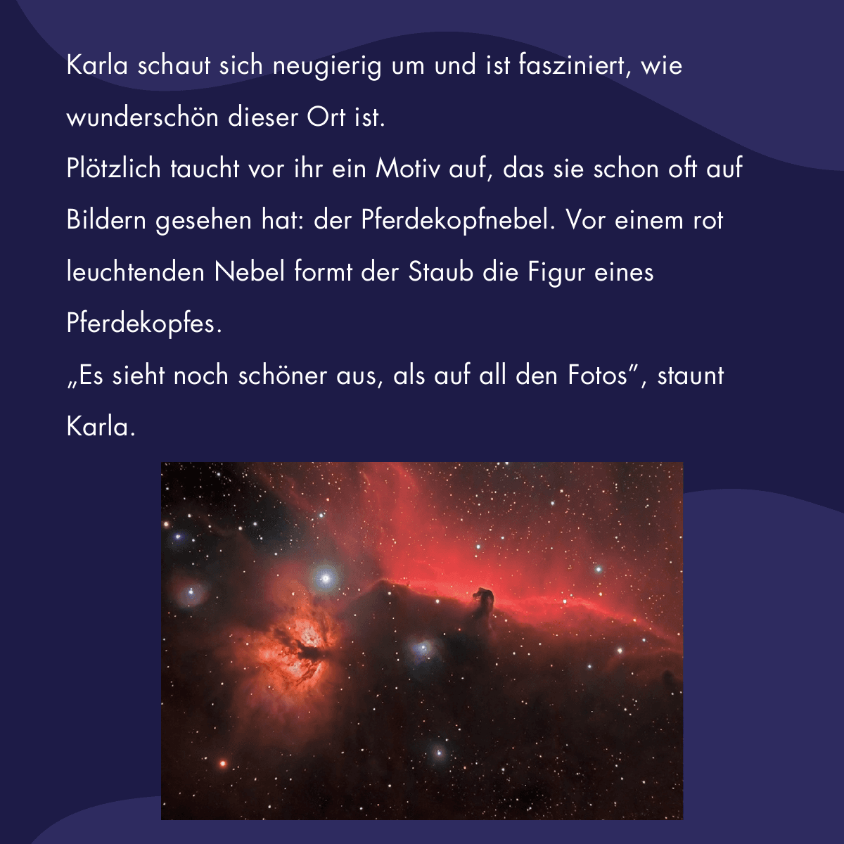 Illustration: Karla entdeckt den Pferdekopfnebel vor einem rot leuchtenden Hintergrund.