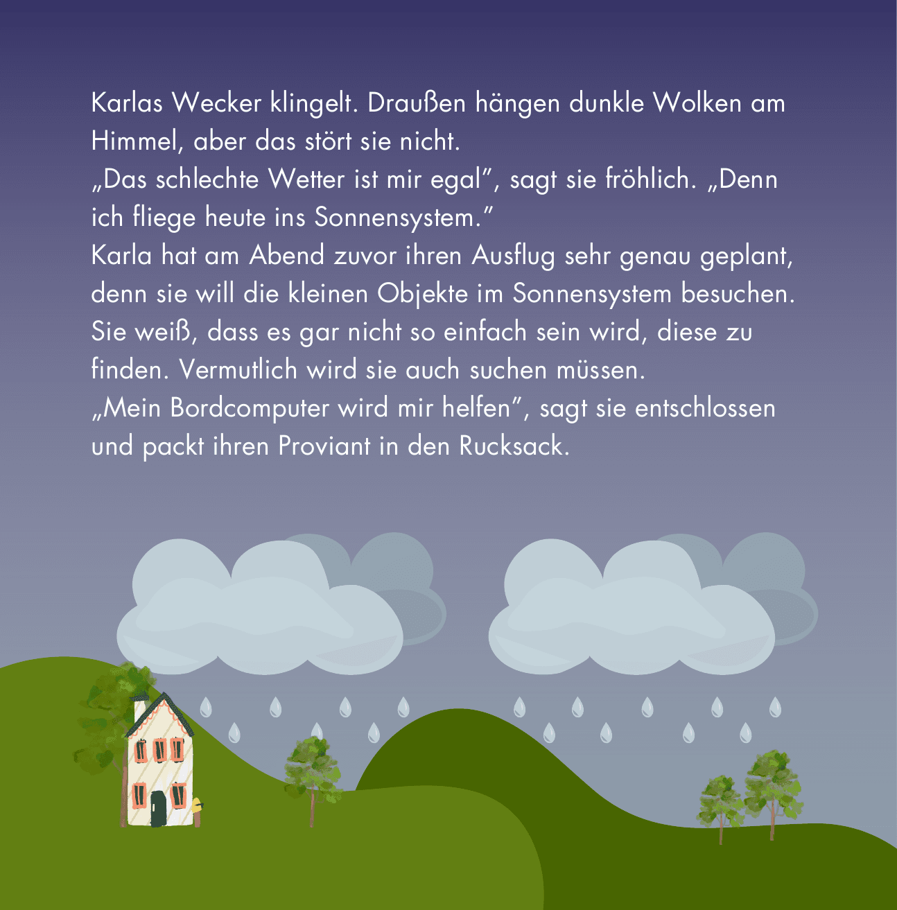 Illustration: Karla packt entschlossen ihren Rucksack und plant ihren Ausflug ins Sonnensystem.