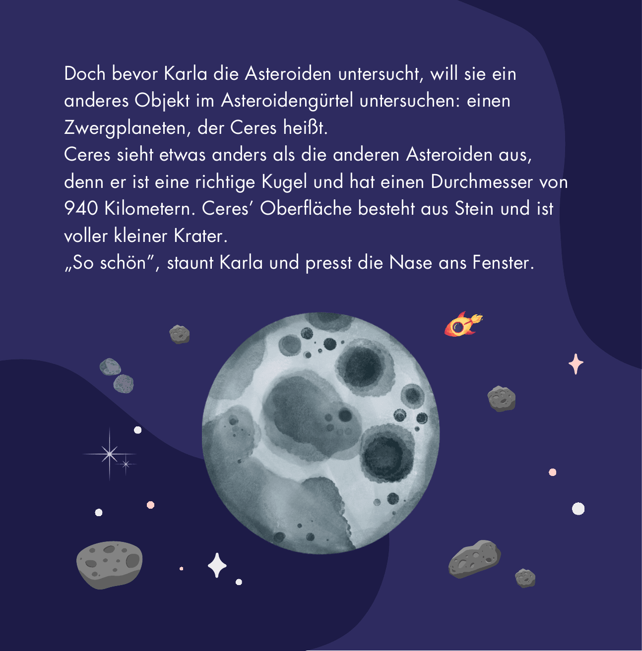 Illustration: Karla betrachtet den kugelförmigen Zwergplaneten Ceres mit seinen kleinen Kratern.
