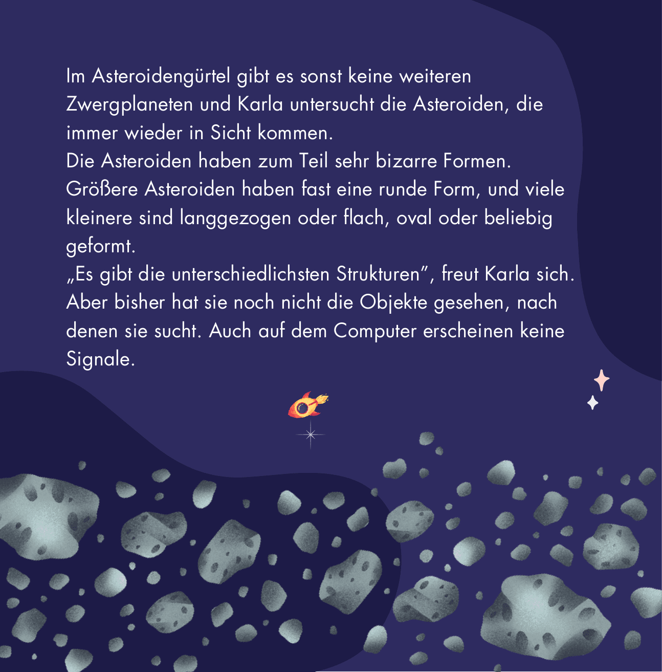 Illustration: Karla untersucht verschieden geformte Asteroiden im Asteroidengürtel.