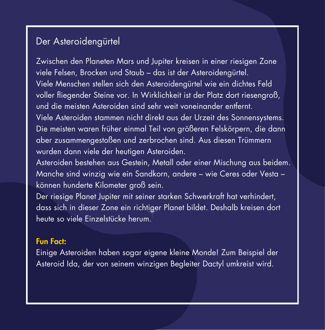 Illustration und Infobox: Der Asteroidengürtel zwischen Mars und Jupiter, erklärt für Kinder.