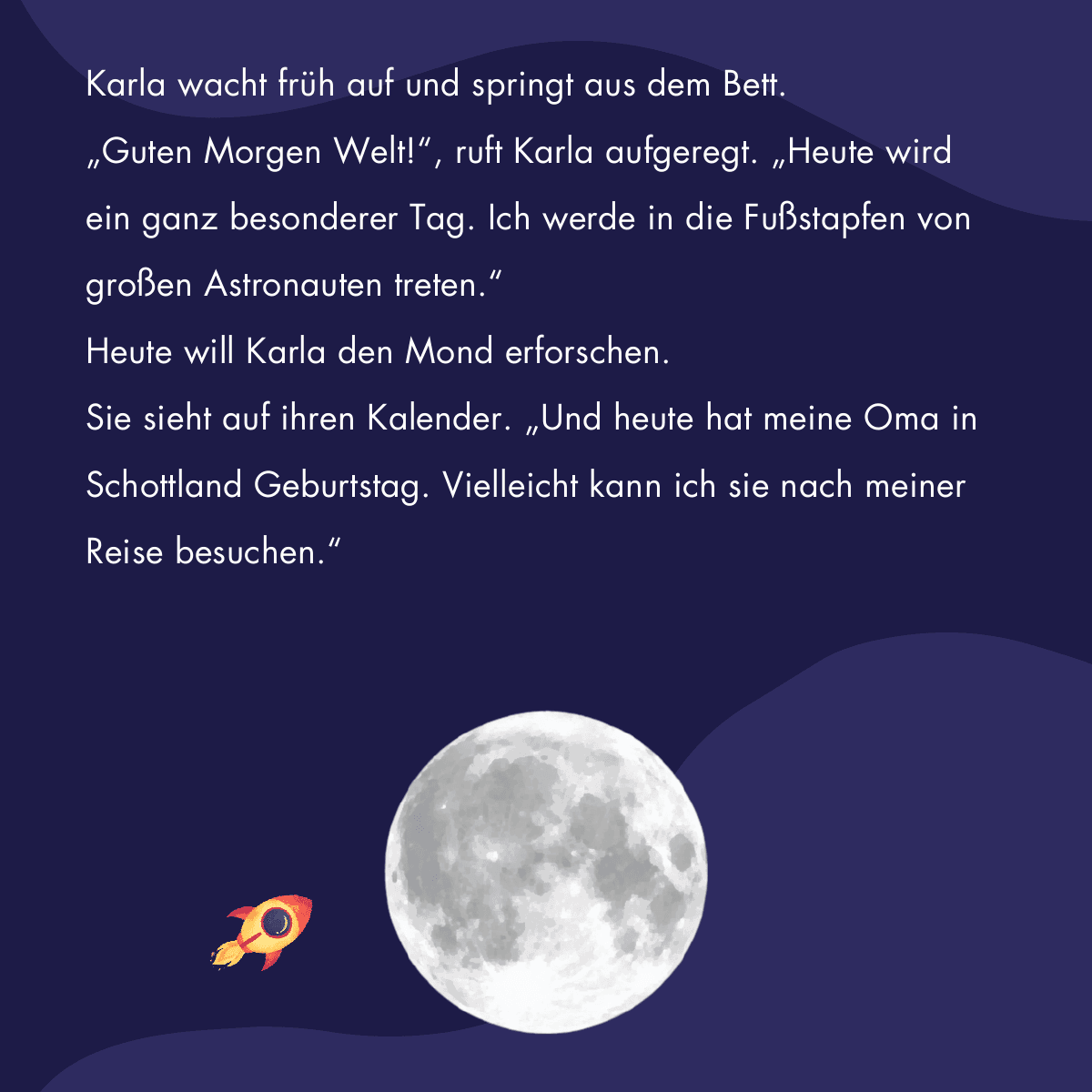 Illustration: Karla springt morgens aufgeregt aus dem Bett, bereit für ihre Mondreise.