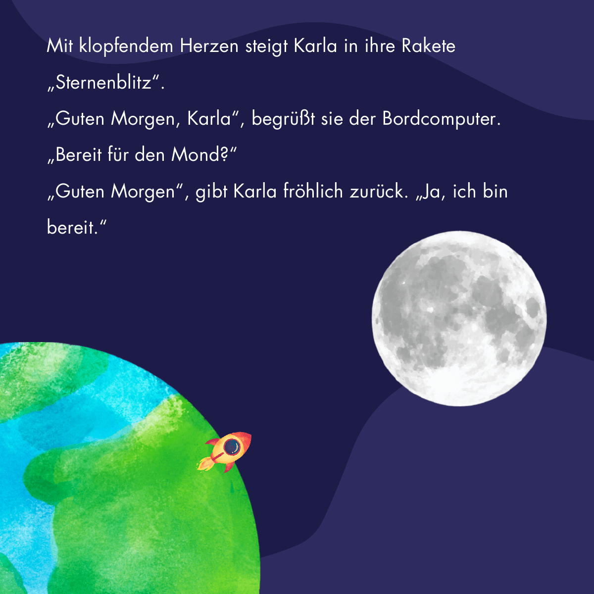 Illustration: Karla steigt in ihre Rakete Sternenblitz und wird vom Bordcomputer begrüßt.
