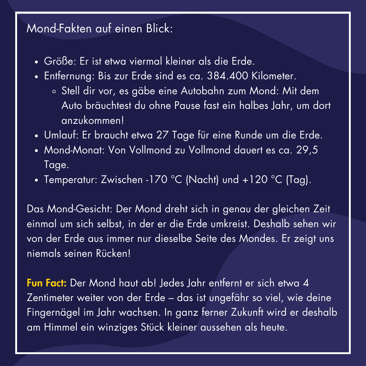 Illustration und Infobox: Mond-Fakten auf einen Blick – Größe, Entfernung und Temperatur des Mondes.