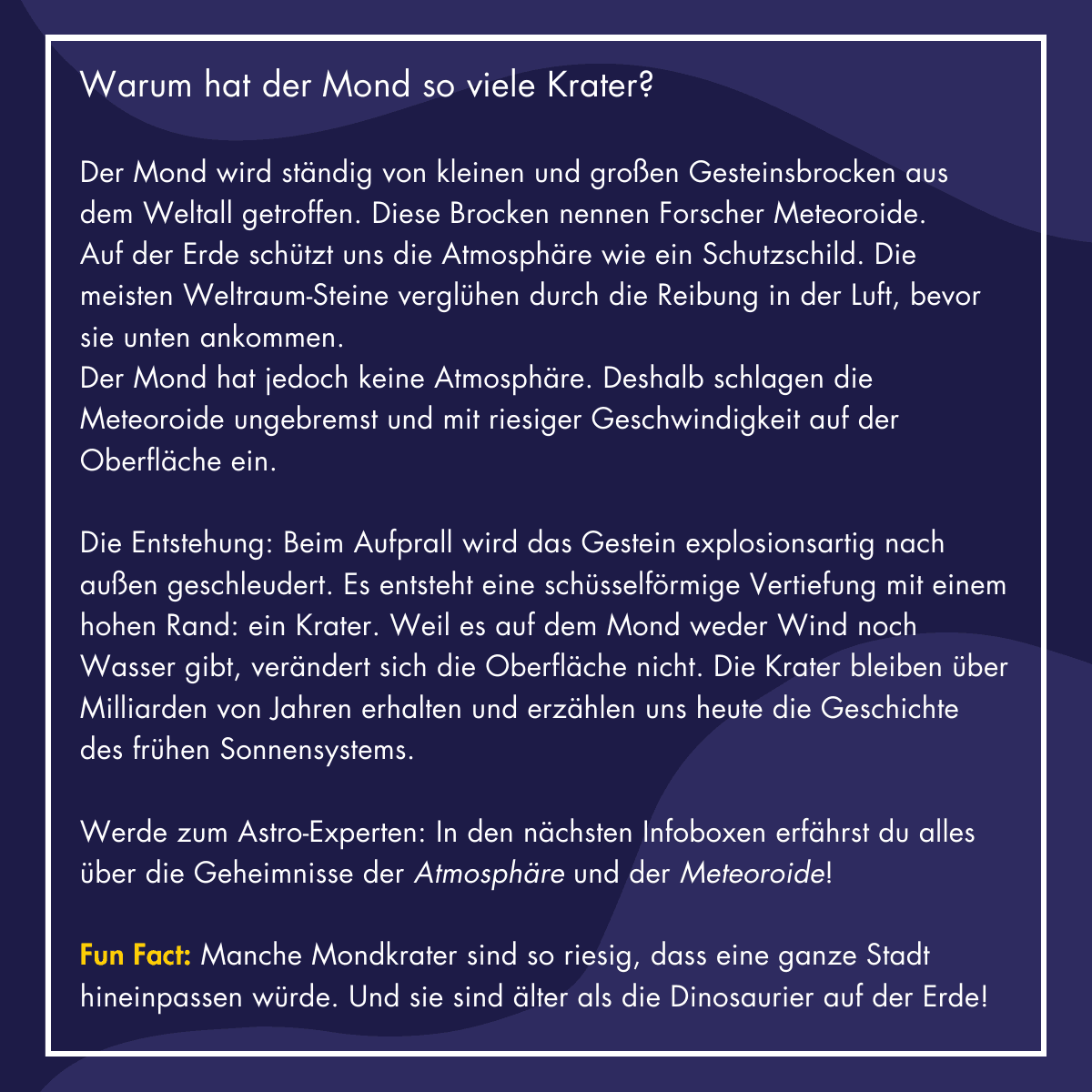 Illustration und Infobox: Warum der Mond so viele Krater hat, erklärt für Kinder.