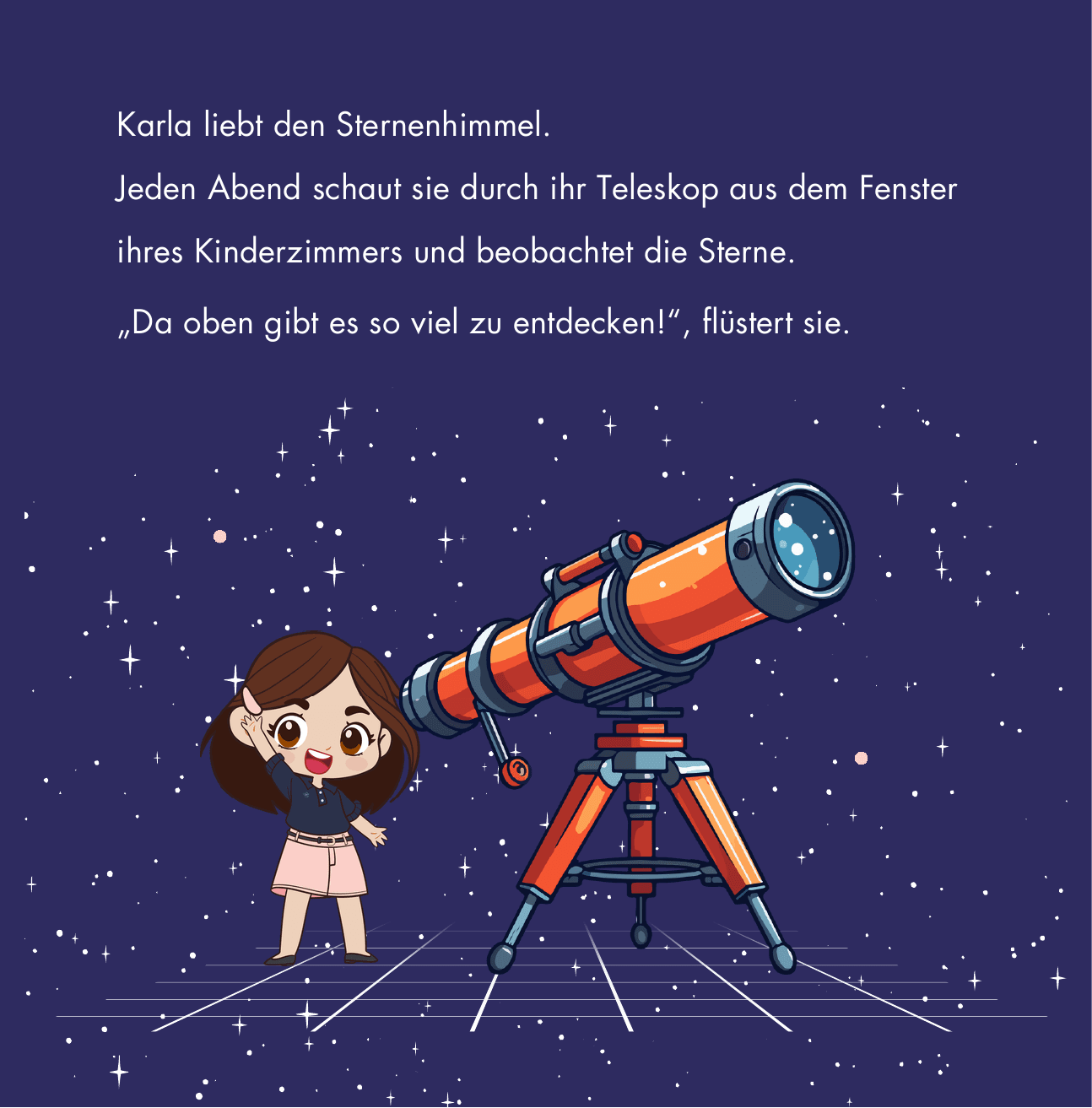 Illustration: Karla schaut nachts mit ihrem Teleskop aus dem Fenster in den Sternenhimmel.