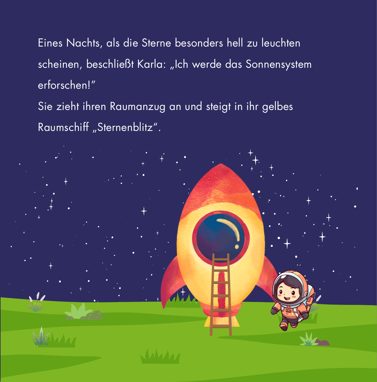 Illustration: Karla zieht ihren Raumanzug an und steigt in ihr gelbes Raumschiff Sternenblitz.