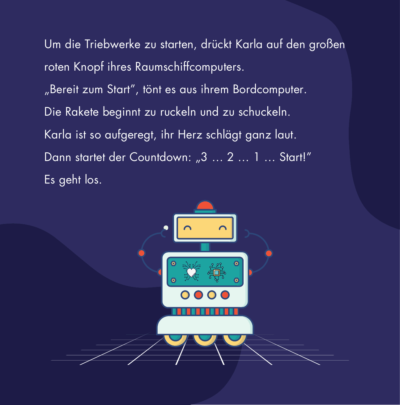 Illustration: Karla sitzt aufgeregt im Cockpit, der Countdown zum Start läuft.