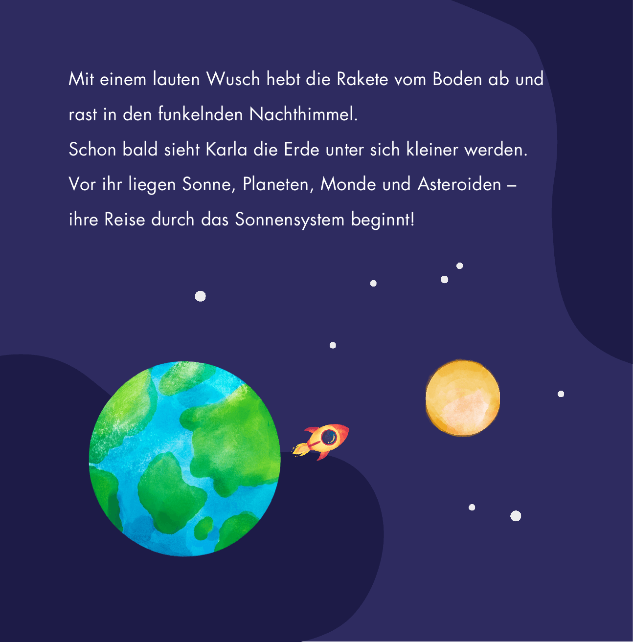 Illustration: Die Rakete Sternenblitz hebt in den funkelnden Nachthimmel ab, die Erde wird kleiner.