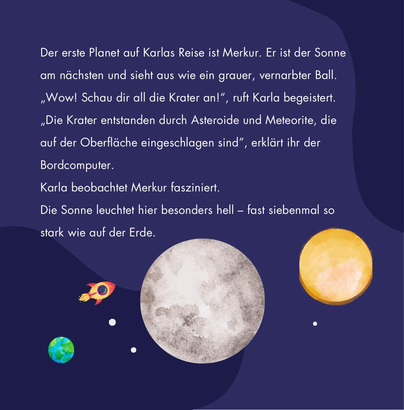 Illustration: Karla nähert sich dem vernarbten, grauen Planeten Merkur mit seinen vielen Kratern.
